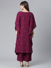 Wine and Gold Glitter Print Kaftan with Palazzo-AHKFPN-COMBO-343