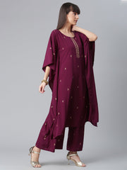 Wine and Gold Glitter Print Kaftan with Palazzo-AHKFPN-COMBO-343