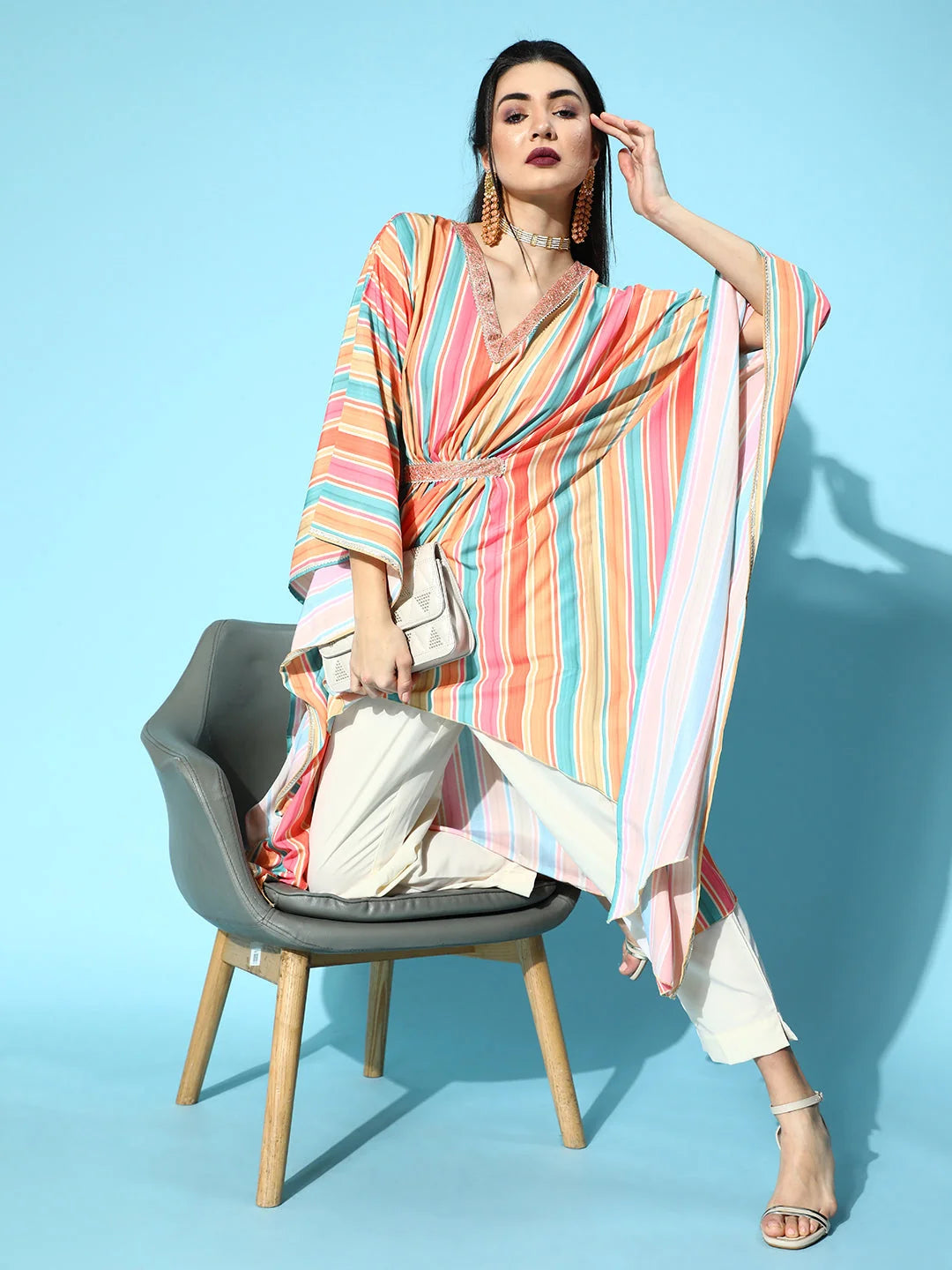 Striped Kaftan Kurta with Trousers | Indian Women's Kurta Sets