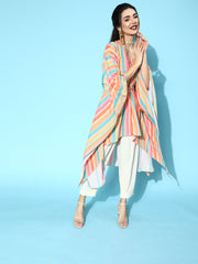 Multi Color Striped Printed Kaftan Kurta With Trousers-AHKFPN-COMBO-438-FF