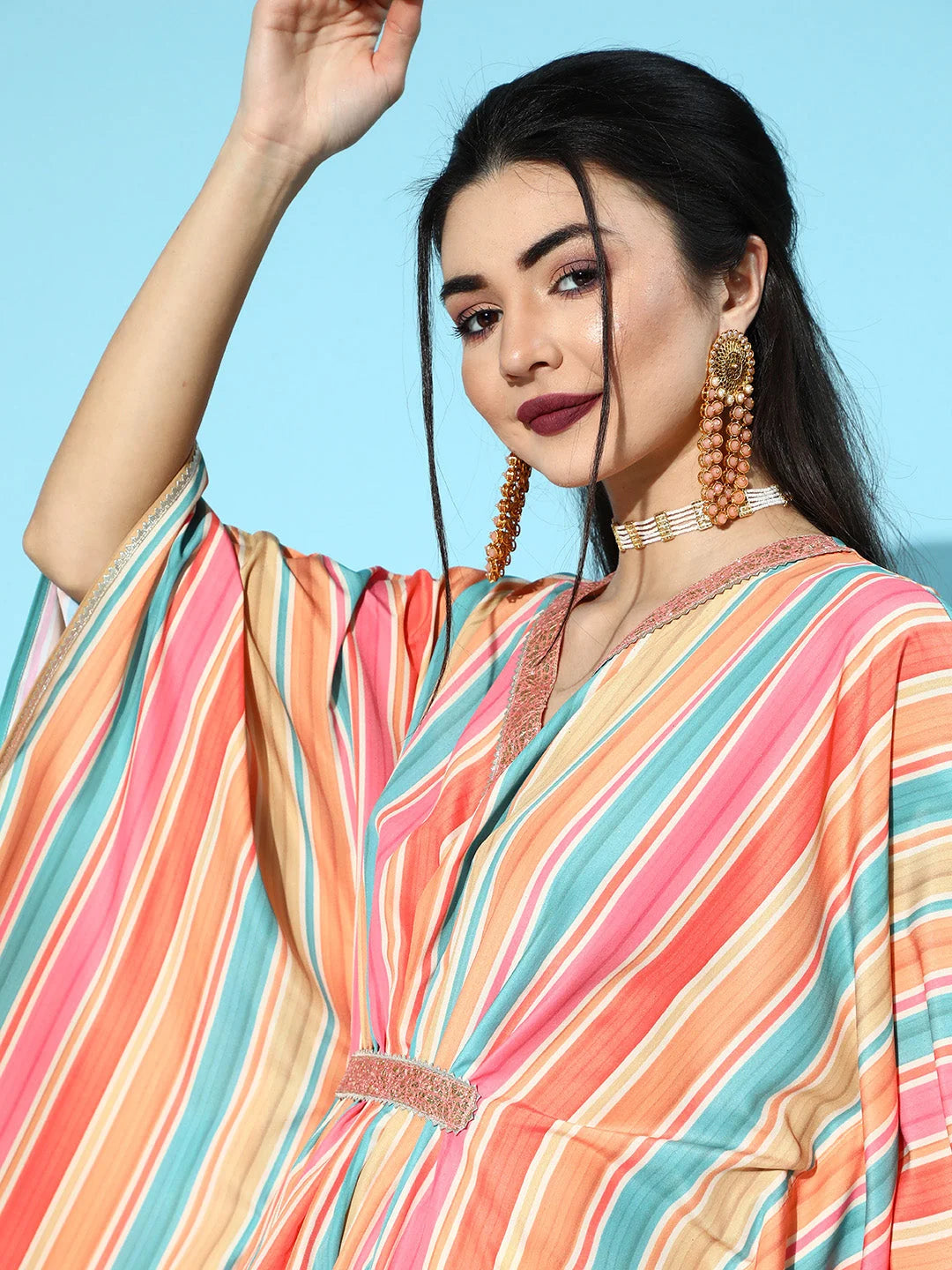 Striped Kaftan Kurta with Trousers | Indian Women's Kurta Sets