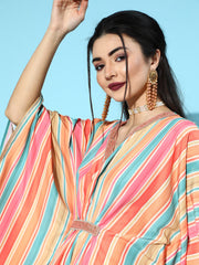 Multi Color Striped Printed Kaftan Kurta With Trousers-AHKFPN-COMBO-438-FF