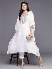 White Yoke Design Aari Work Pashmina Kurta with Trousers-AHKFPN-COMBO-591