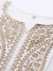 White Yoke Design Aari Work Pashmina Kurta with Trousers-AHKFPN-COMBO-591