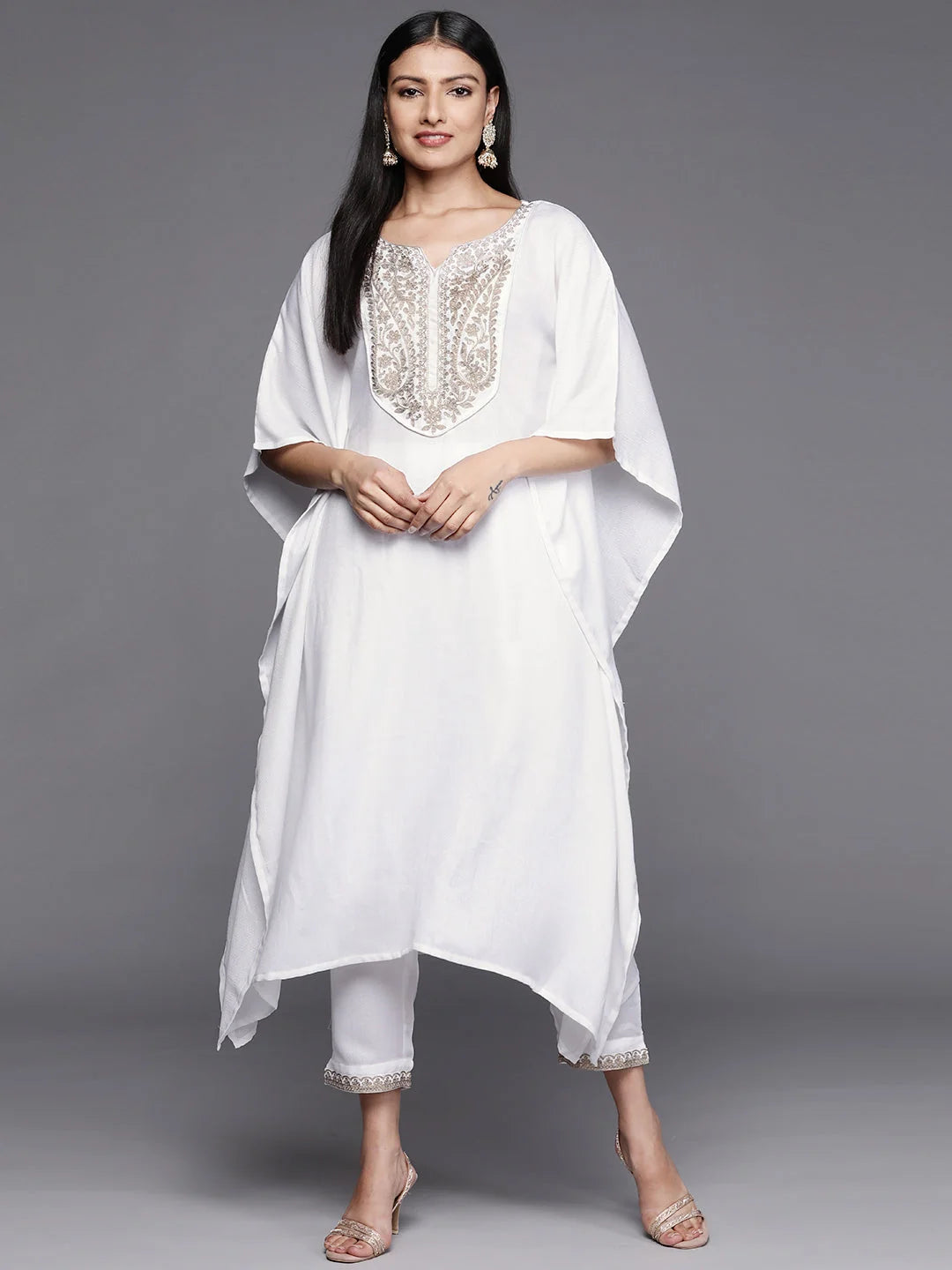 White Embroidered Pashmina Kurta Set | Women's Indian Kurta Sets