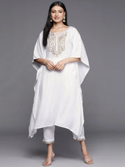 White Yoke Design Aari Work Pashmina Kurta with Trousers-AHKFPN-COMBO-591