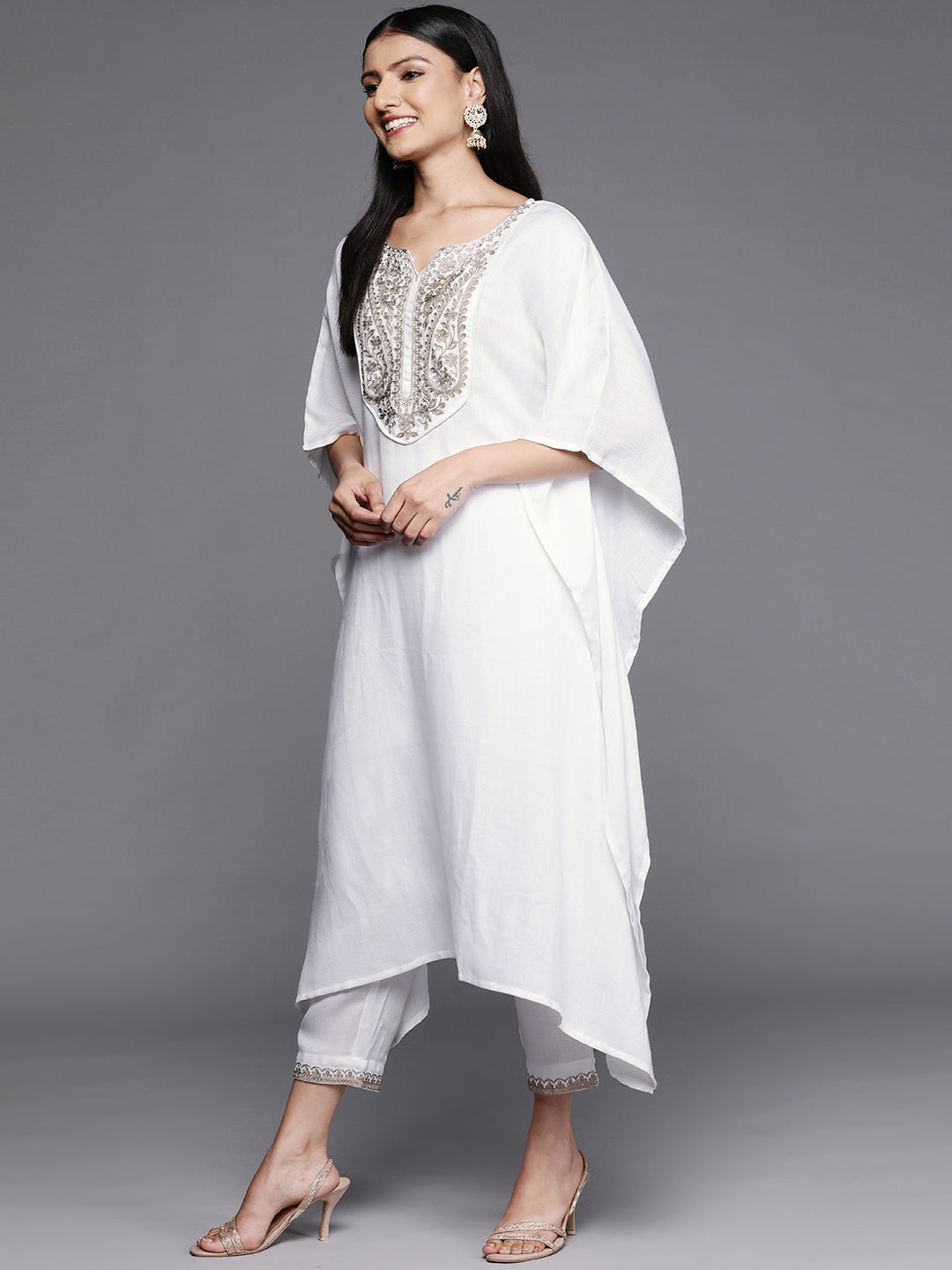 White Embroidered Pashmina Kurta Set | Women's Indian Kurta Sets