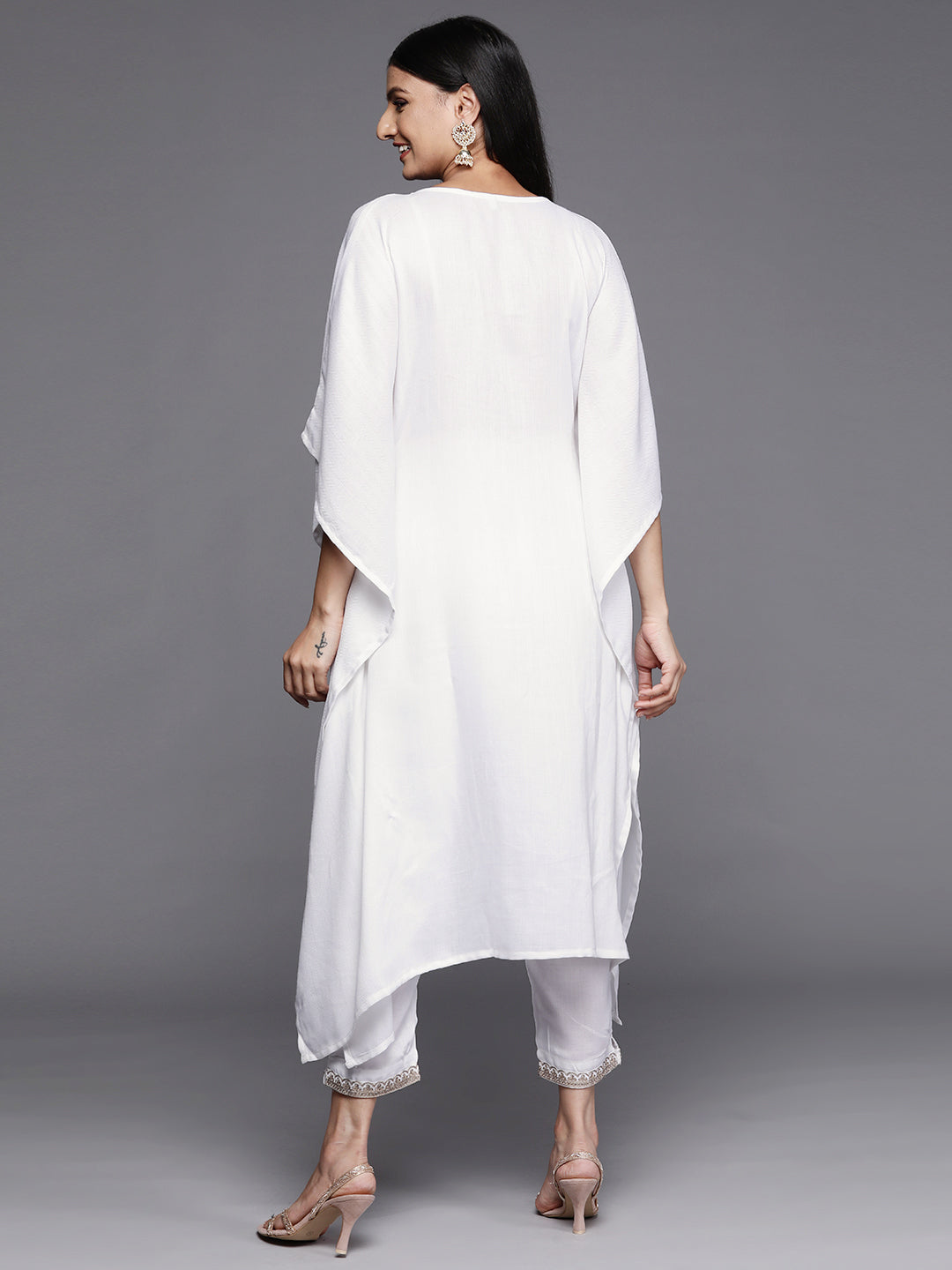 White Embroidered Pashmina Kurta Set | Women's Indian Kurta Sets
