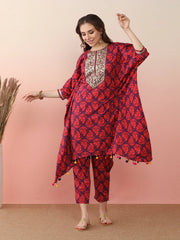 Floral Printed Regular Kaftan Kurta with Trousers-AHKFPN-COMBO-870