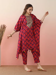 Floral Printed Regular Kaftan Kurta with Trousers-AHKFPN-COMBO-870