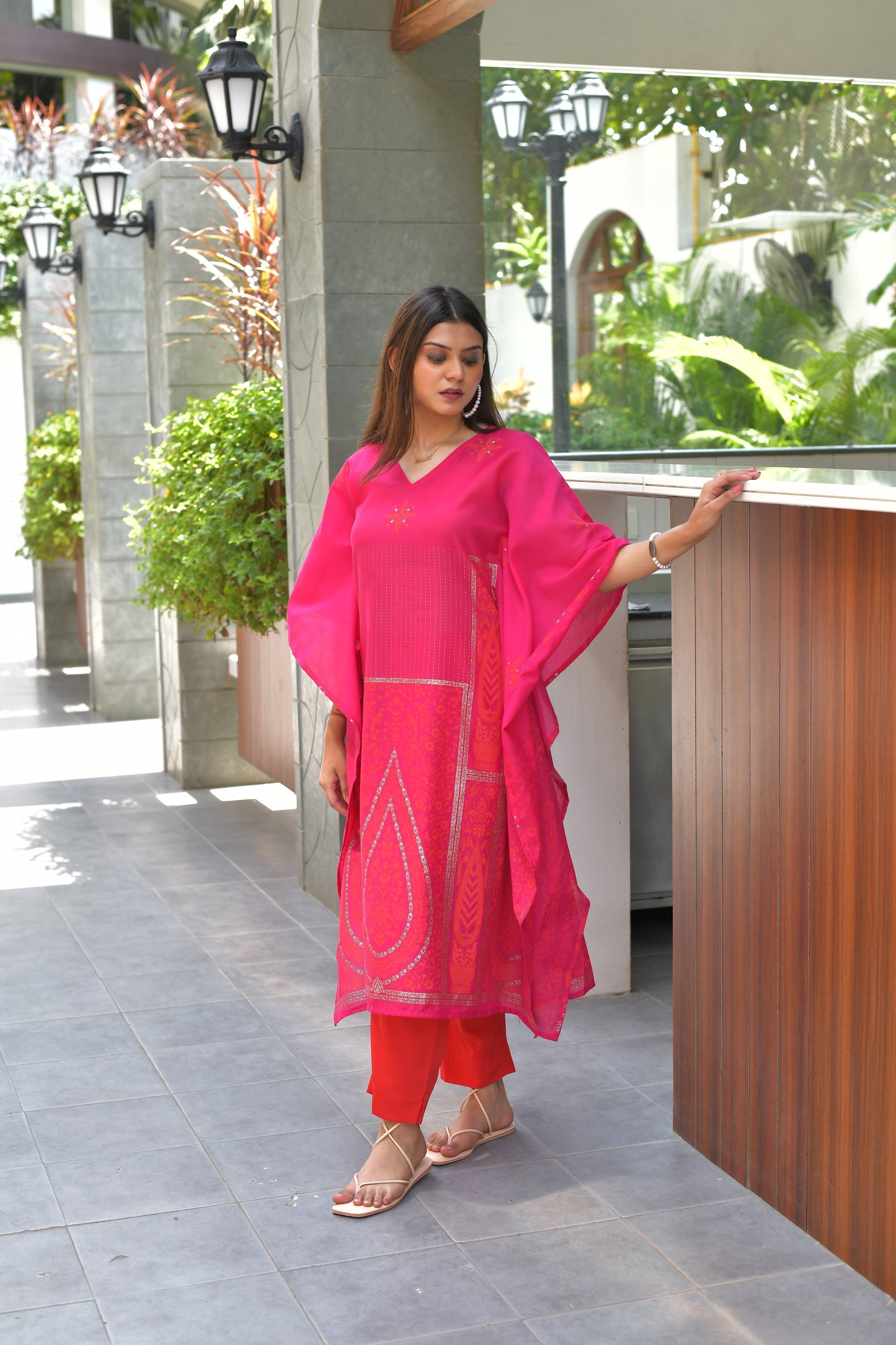 Pink Chanderi Printed Kaftan with Trouser | Indian Kurta Sets