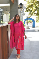 Pink Chanderi Khari Print Kaftan with Trouser-AHKFPNBL-combo-389