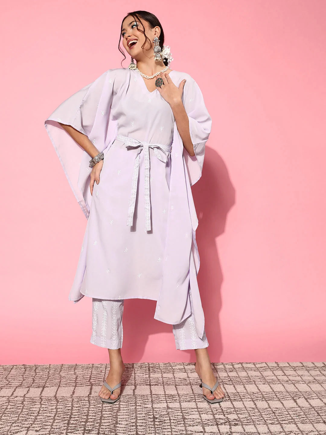 Purple Floral Printed Belted Detail Kaftan Kurta Set-AHKFPNBL-COMBO-543