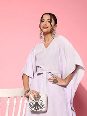 Purple Floral Printed Belted Detail Kaftan Kurta Set-AHKFPNBL-COMBO-543