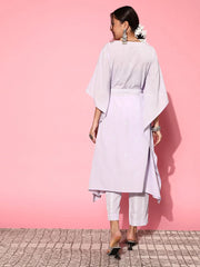 Purple Floral Printed Belted Detail Kaftan Kurta Set-AHKFPNBL-COMBO-543
