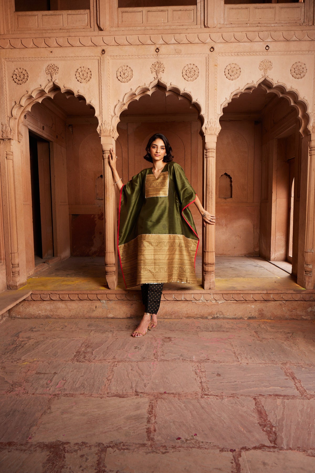 Olive Green Poly Silk Printed Kaftan Kurta-AHKFPSGP-6035-FF