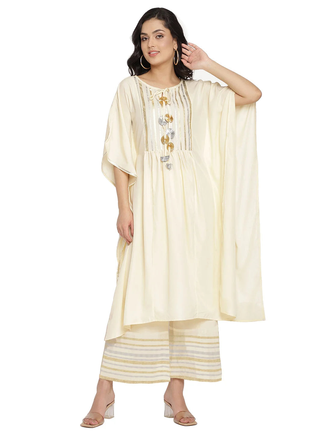 Off White Printed Gotta Patti Kaftan Style Kurta with Palazzos-AHKFPZ-COMBO-382-FF