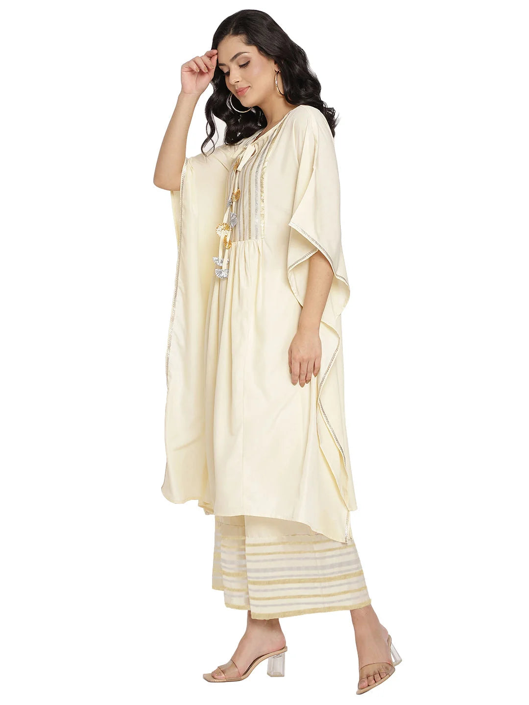 Off White Printed Kaftan Style Kurta Palazzo Set | Women's