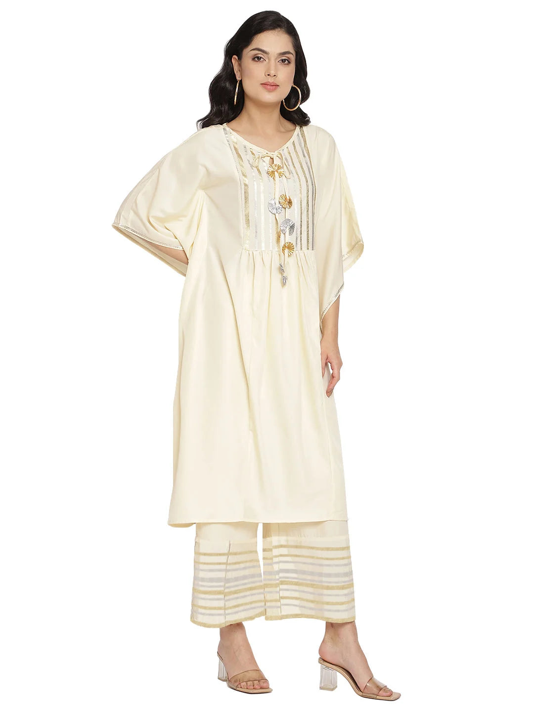 Off White Printed Kaftan Style Kurta Palazzo Set | Women's