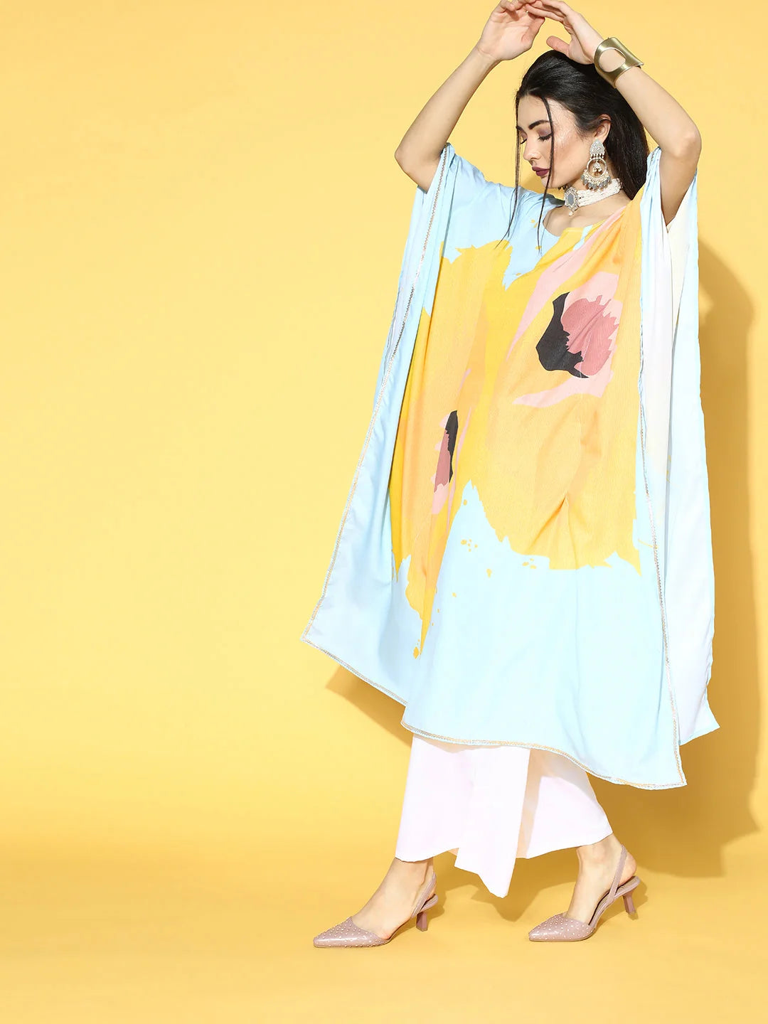 Blue & Yellow Printed Kaftan Kurta Palazzo Set | Palazzo Pants...