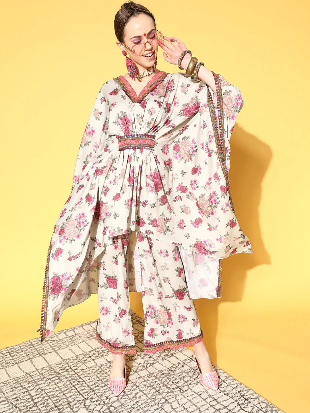 Beige Floral Printed Kurta Palazzo Set - Elegant Women's Style