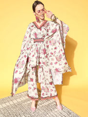 Beige & Pink Floral Printed Pleated Kurta with Palazzos-AHKFPZ-COMBO-453-FF