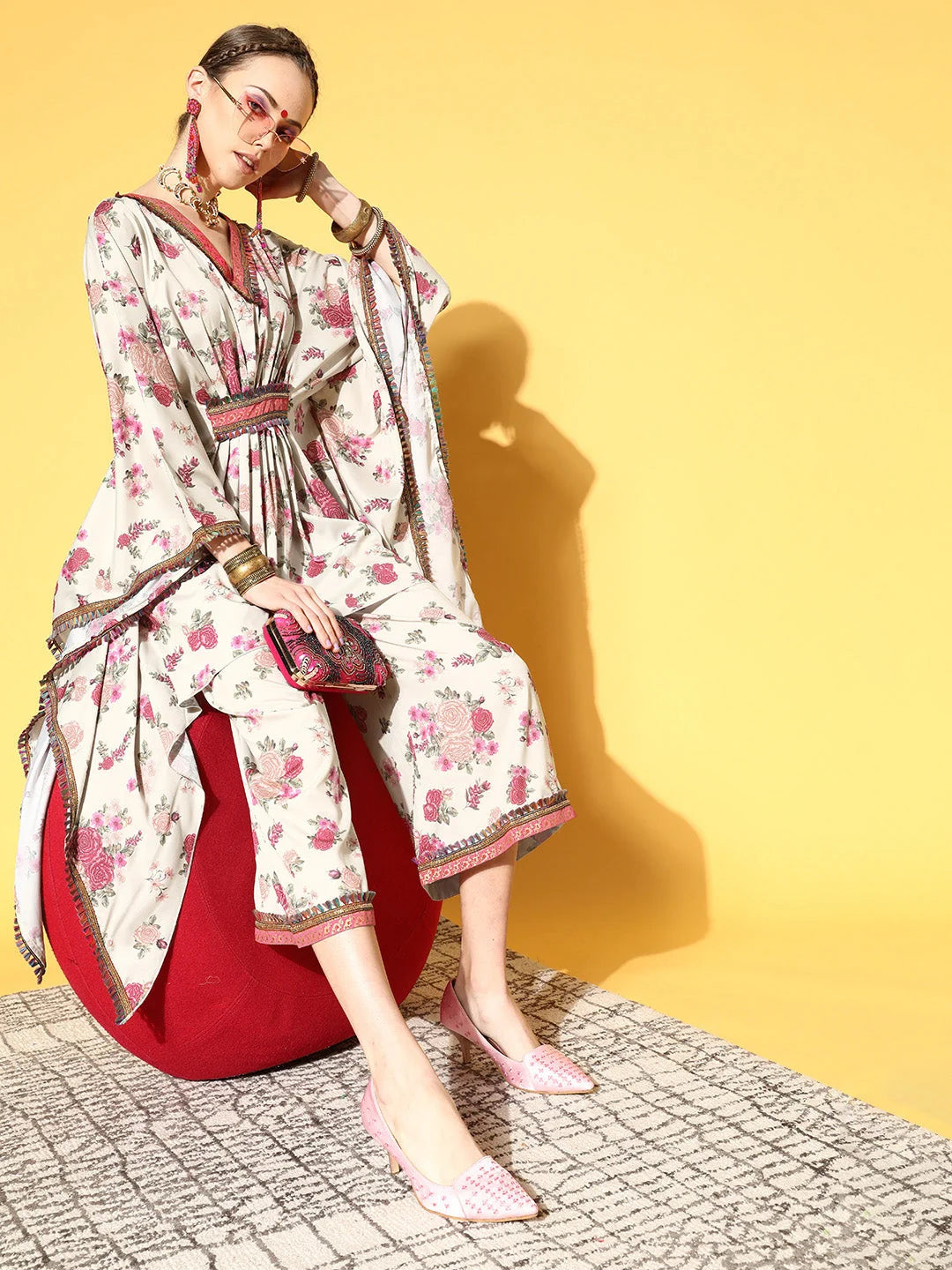 Beige Floral Printed Kurta Palazzo Set - Elegant Women's Style