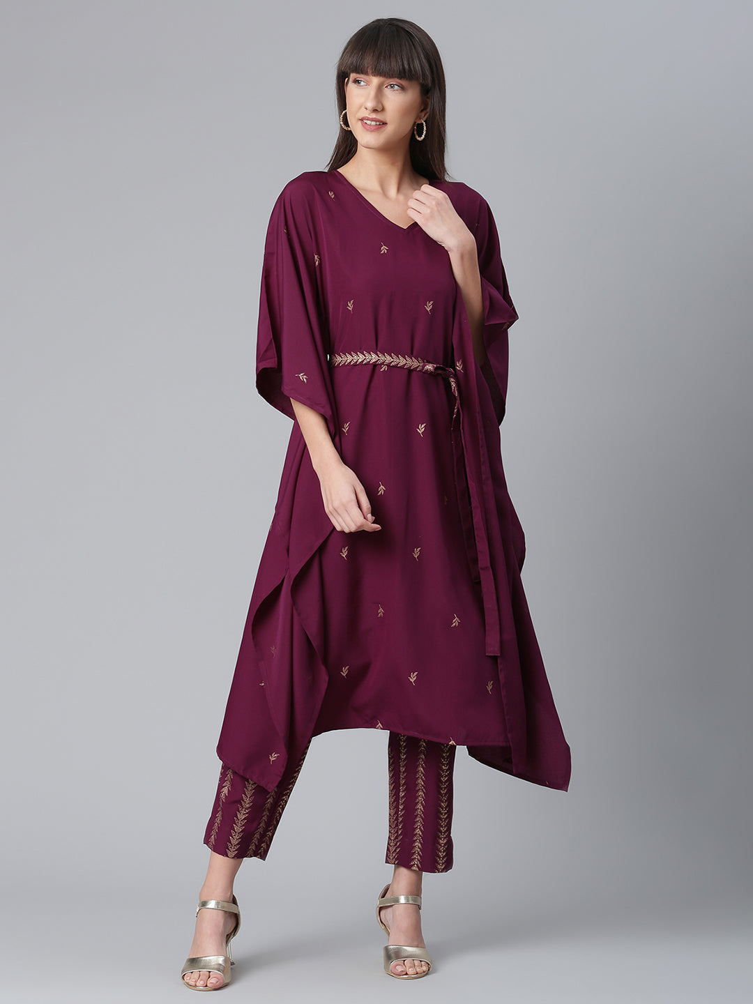 Burgundy & Golden Printed Kurta with Trouser-AHKFPZBL-COMBO-344