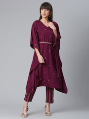 Burgundy & Golden Printed Kurta with Trouser-AHKFPZBL-COMBO-344