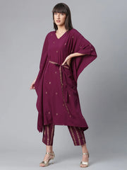 Burgundy & Golden Printed Kurta with Trouser-AHKFPZBL-COMBO-344