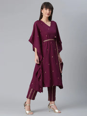 Burgundy & Golden Printed Kurta with Trouser-AHKFPZBL-COMBO-344