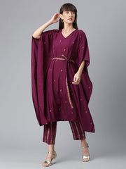 Burgundy & Golden Printed Kurta with Trouser-AHKFPZBL-COMBO-344