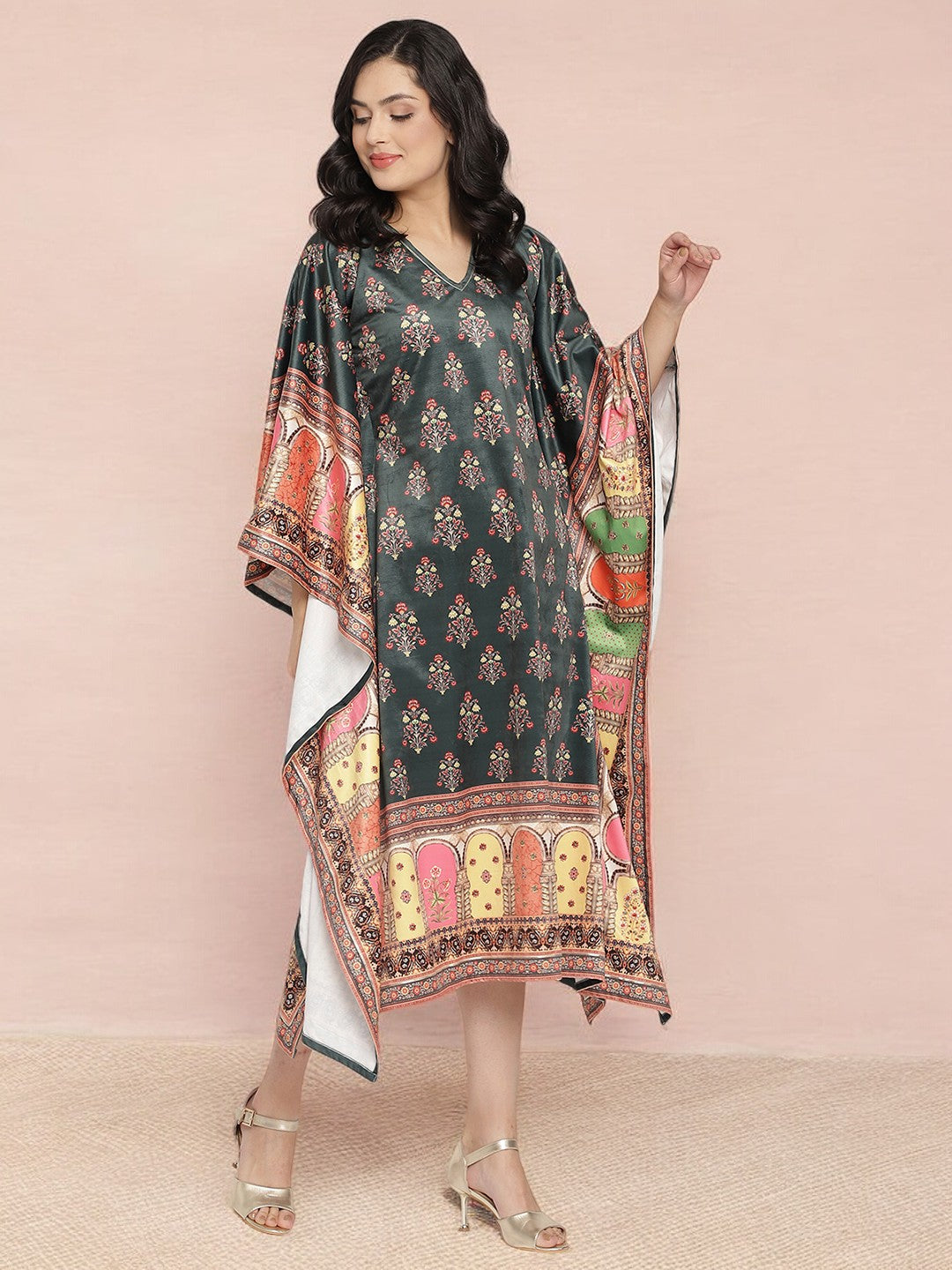 Dark Green Floral Kaftan: Women's Stylish Kaftans & Long Dresses