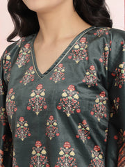 Dark Green Digital Print Velvet Kaftan-AHKFVLDP-6027