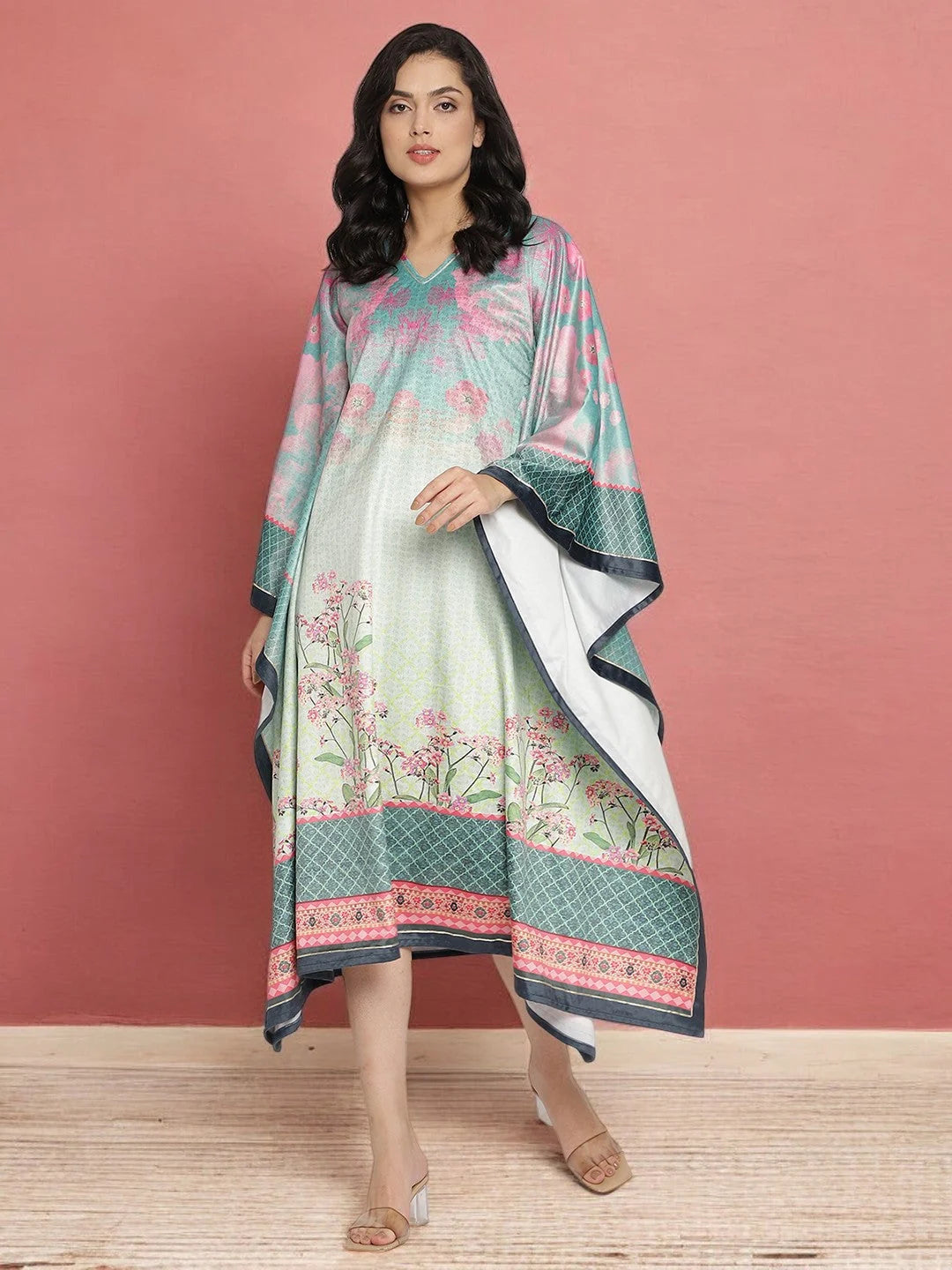 Sea Green Floral Kaftan: Printed Kaftans for Women & Resort Wear
