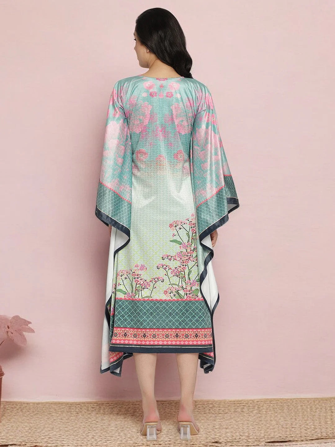 Sea Green Floral Kaftan: Printed Kaftans for Women & Resort Wear