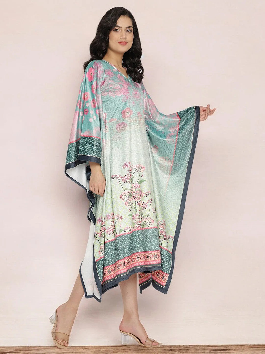 Sea Green Floral Kaftan: Printed Kaftans for Women & Resort Wear
