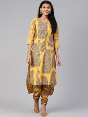 Mustard Yellow & Pink Paisley Print Kurta with Churidar-AHKUCD-Combo-300