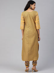 Mustard Yellow & Pink Paisley Print Kurta with Churidar-AHKUCD-Combo-300