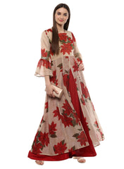 Beige & Red Chanderi Floor Length Anarkali Dress-AHKUCHDP-630