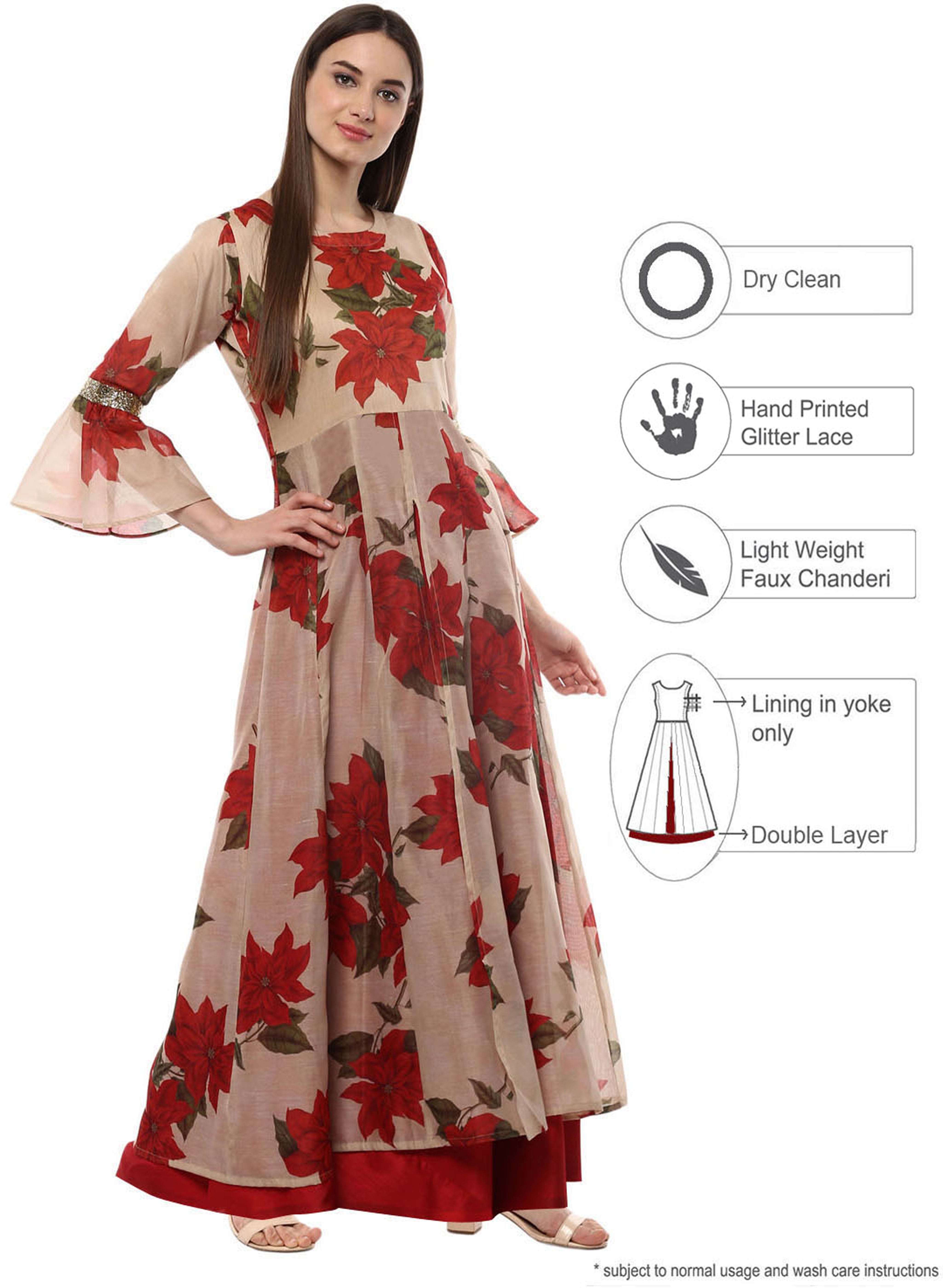 Chanderi Anarkali Dress | Beige & Red | Indian Dresses Online