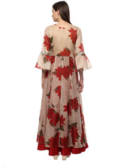 Beige & Red Chanderi Floor Length Anarkali Dress-AHKUCHDP-630
