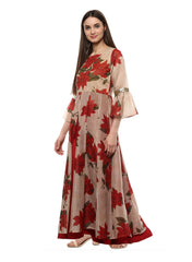 Beige & Red Chanderi Floor Length Anarkali Dress-AHKUCHDP-630