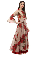Beige & Red Chanderi Floor Length Anarkali Dress-AHKUCHDP-630