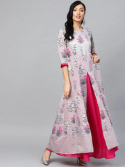 Grey & Pink Floral Printed Layered Maxi Dress-AHKUCHPFDS-814