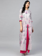 Grey & Pink Floral Printed Layered Maxi Dress-AHKUCHPFDS-814
