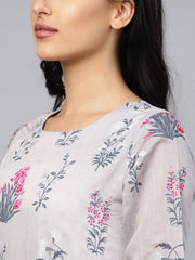 Grey & Pink Floral Printed Layered Maxi Dress-AHKUCHPFDS-814