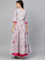 Grey & Pink Floral Printed Layered Maxi Dress-AHKUCHPFDS-814