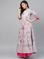 Grey & Pink Floral Printed Layered Maxi Dress-AHKUCHPFDS-814