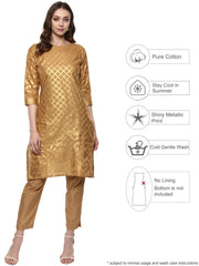 Short Beige Cotton Blend Kurta With Metallic Gold Chevron Print-AHKUCOFP-618